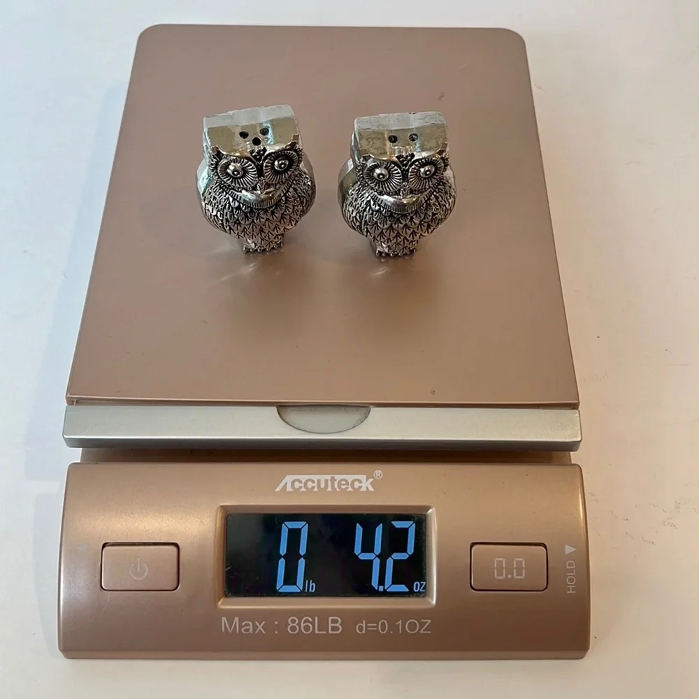 Pier 1 owl figurine salt & pepper shaker set silver tone metal kitchen decor